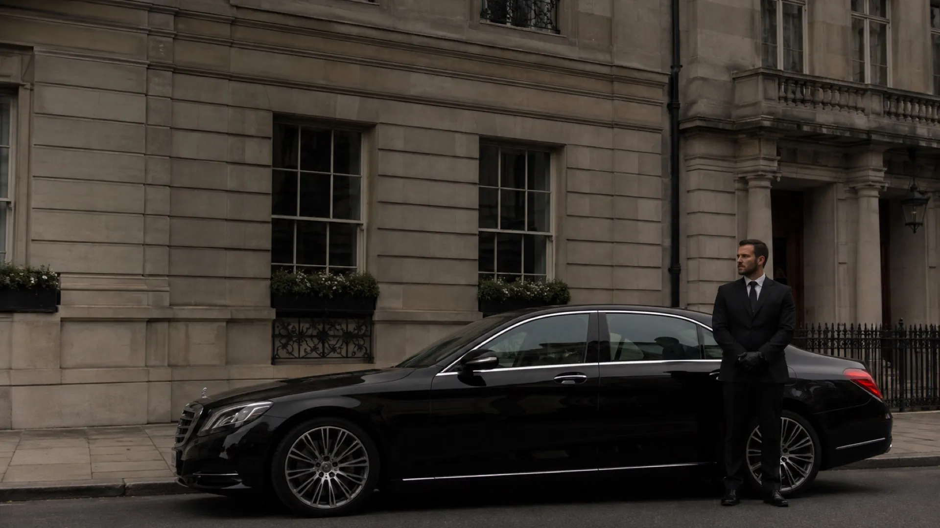Illustration of a chauffeur beside a black saloon on a London street