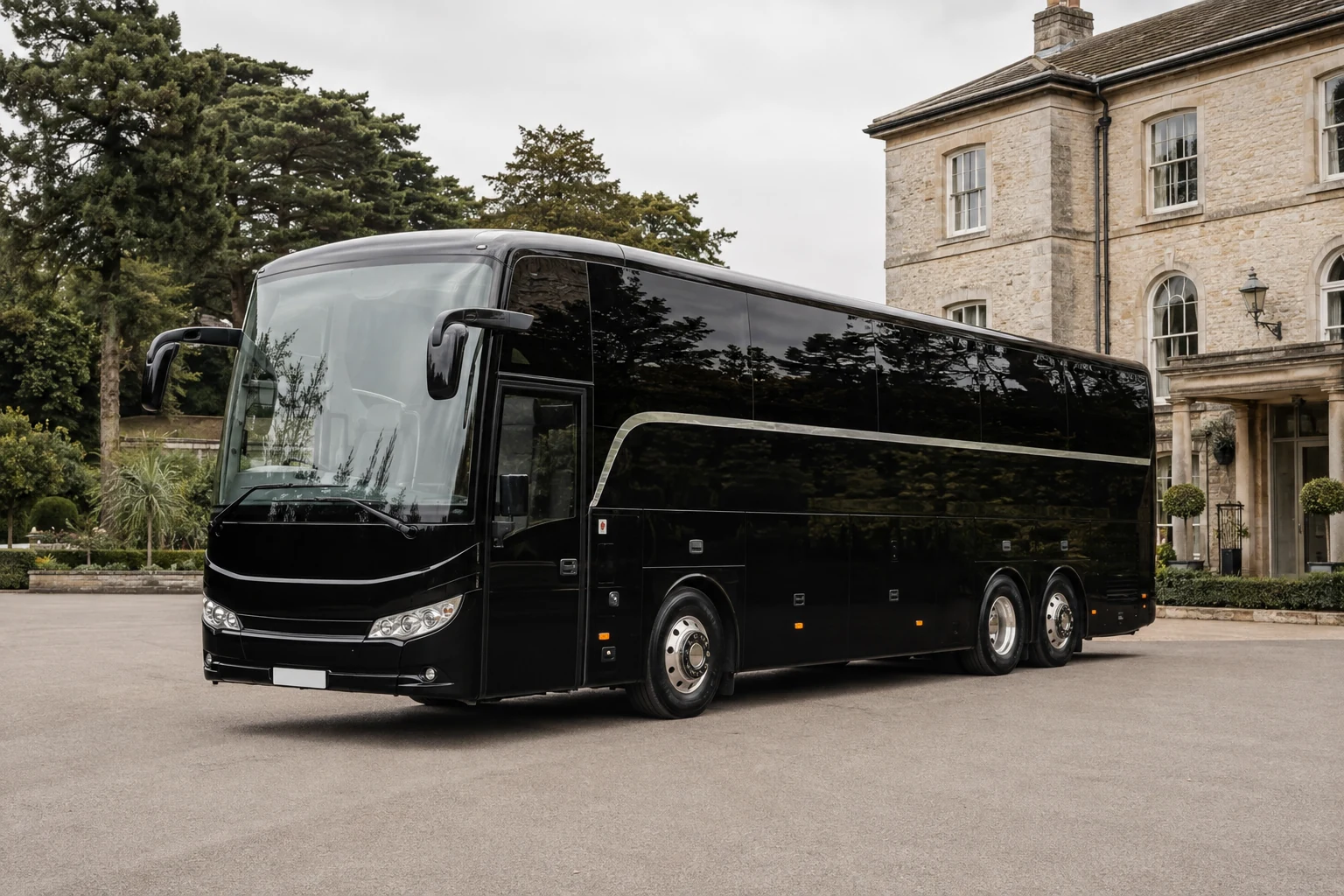 Black luxury coach outside a country house — AI-generated illustration